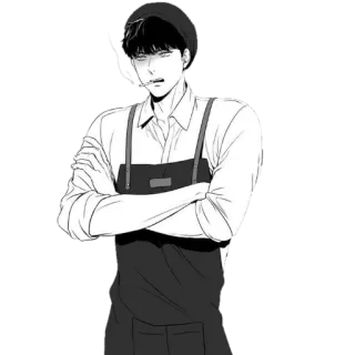 🚧 ผู้ชาย, ขาวดำ, สูบบุหรี่, ผ้ากันเปื้อน, มังงะ telegram sticker