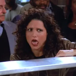 🤑 Elaine Benes Seinfeld mujer, programa de TV, comedia, impactada, sorprendida, pelo rizado, televisión telegram sticker