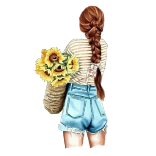 🌹 Frau, Sonnenblumen, Zopf, Streifen, Jeansshorts, Sommer, Blumen, Mädchen whatsapp sticker