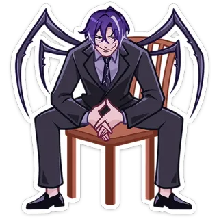 😈 Anime, Alas de araña, Hombre, Traje, Sentado, Silla, Pelo morado whatsapp sticker