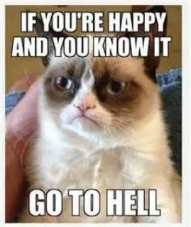 ☠ Grumpy Cat IF YOU'RE HAPPY AND YOU KNOW IT GO TO HELL 猫, 表情包, 暴躁, 地狱, 幽默, 搞笑 whatsapp sticker