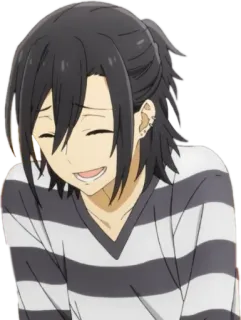 😂 anime, personagem, sorrindo, cabelo preto, camisa listrada telegram sticker