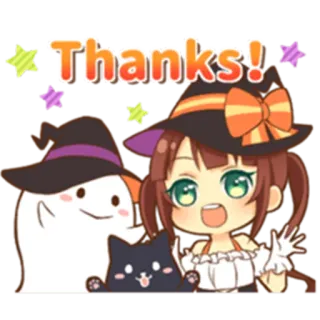 😊 Thanks! 할로윈, 귀여운, 만화, 유령, 마녀, 고양이, 감사합니다, 휴일 telegram sticker