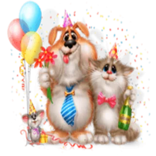 🎊 celebração, festa, cão, gato, rato, balões, confete, aniversário whatsapp sticker