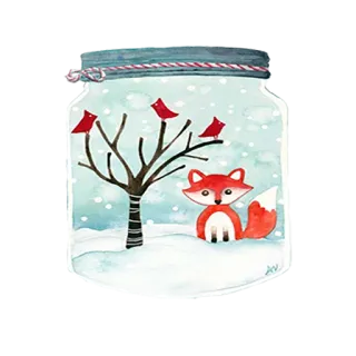 🔮 zorro, nieve, invierno, cardenales, pájaros, árbol, tarro, acuarela telegram sticker