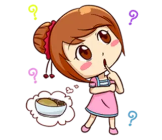 😢 desenho animado, menina, pensando, comida, tigela whatsapp sticker
