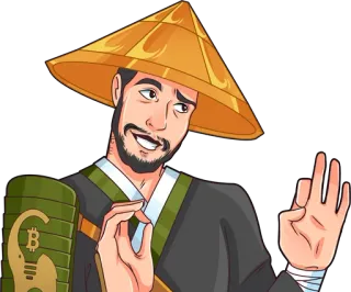 👌 биткоин, криптовалюта, мужчина, жест ОК, улыбается, азиатская шляпа telegram sticker