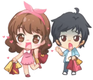 💰 cartoon, chibi, couple, shopping, hearts, cute whatsapp sticker