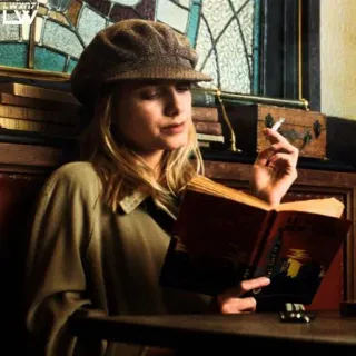 🗿 mujer, libro, cigarrillo, leyendo, vintage, café telegram sticker