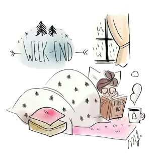 🛌 WEEK-END fin de semana, lectura, libro, acogedor, relajar, dormilón telegram sticker