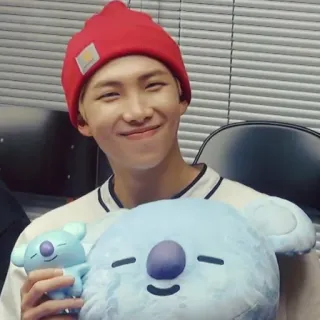 🍀 RM RM, BTS, Kpop, Beanie Merah, Tersenyum, Pop Korea, BT21, Koya whatsapp sticker
