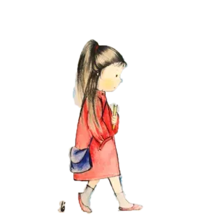 ☺️ girl, walking, cartoon, illustration, red dress, ponytail telegram sticker