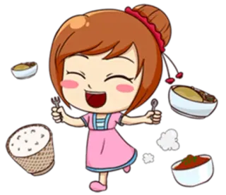 😲 desenho animado, comida, menina, comendo, arroz, sopa, colher, feliz whatsapp sticker