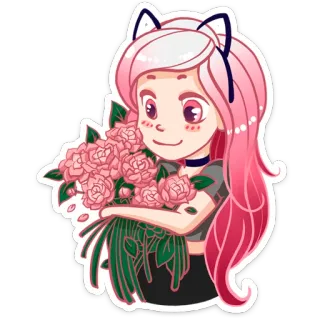 💐 anime girl, cat ears, flowers, pink hair, kawaii, chibi telegram sticker
