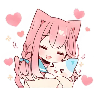 🤗 dziewczyna anime, kot, chibi, słodkie, kawaii, serca, różowe włosy telegram sticker