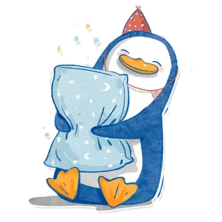 😴 pinguino, carino, cartone animato, assonnato, cuscino, stelle, cappello da festa, animale telegram sticker