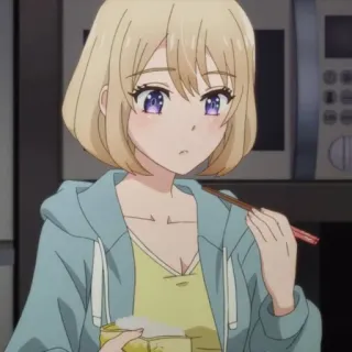 💛 fille anime, manger, cheveux blonds, yeux violets, personnage, femme, nourriture, baguettes telegram sticker