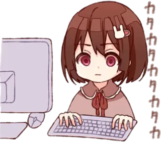 😑 Аниме, Девушка, Компьютер, Клавиатура, Чиби, Милый telegram sticker