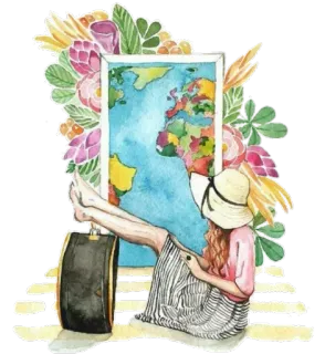 😆 viagem, mundo, mapa, mala, aventura, flores, aquarela whatsapp sticker