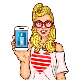 📱 femme, blonde, lunettes, smartphone, cœur, dessin animé, pop art telegram sticker