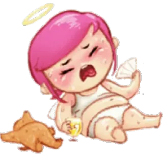 😰 Dessin animé, Ange, Ivre, Transpirant, Nourriture, Auréole telegram sticker
