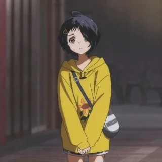 🌻 アニメ, 女の子, 黄色いパーカー, 悲しい, 可愛い, 花 telegram sticker
