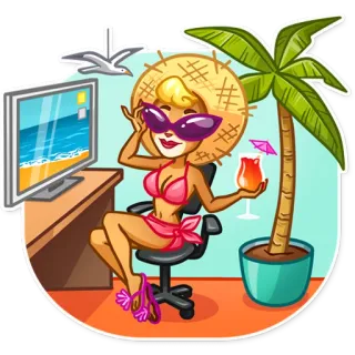 👙 vacaciones, playa, verano, dibujos animados, bebida, relajación, oficina, humor telegram sticker