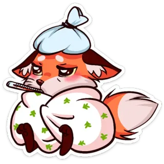 😷 renard, malade, souffrant, thermomètre, poche de glace, dessin animé telegram sticker
