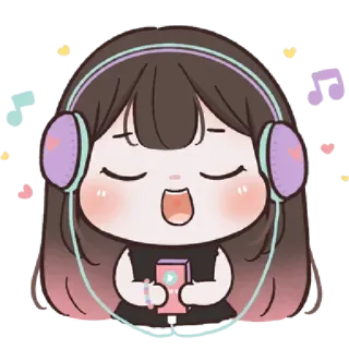 🌈 Kreskówka, Muzyka, Słuchawki, Urocze, Dziewczyna, Słuchanie, Kawaii, Chibi telegram sticker