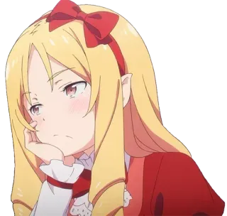 😒 Anime, Mädchen, Blonde Haare, Rote Schleife, Gelangweilt, Cartoon whatsapp sticker