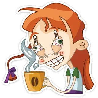 ☕ cartoon, girl, coffee, tired, exhausted, eyes, character telegram sticker