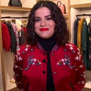 👜 Selena Gomez actriz, cantante, celebridad, chaqueta roja, mujer, persona telegram sticker