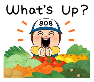 🥕 What's Up? powitanie, kreskówka, warzywa, jedzenie, dziecko, szczęśliwy telegram sticker