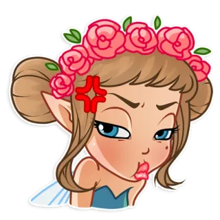 😠 hada, corona de flores, enojado, dibujos animados, personaje, pegatina whatsapp sticker