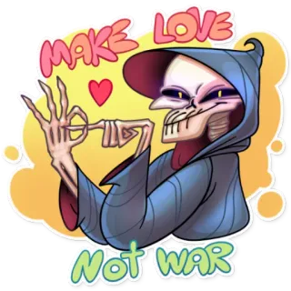 😏 MAKE LOVE NOT WAR paz, amor, guerra, esqueleto, ceifador, morte, desenho animado telegram sticker