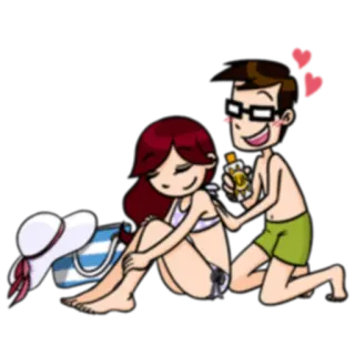 💕 beach, sunscreen, couple, love, summer, cartoon, vacation, holiday telegram sticker