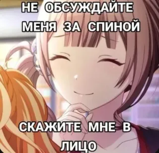 😊 НЕ ОБСУЖДАЙТЕ
МЕНЯ ЗА СПИНОЙ
СКАЖИТЕ МНЕ В
ЛИЦО anime girl, meme, text, portrait telegram sticker