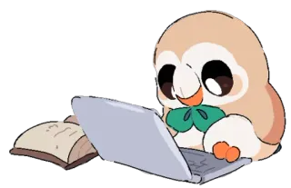 💻 Rowlet hibou, pokemon, brindibou, ordinateur portable, livre, mignon telegram sticker