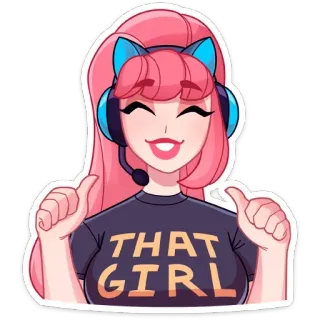 ☺️ THAT GIRL 女孩, 可爱, 游戏玩家, 粉色头发, 耳机, 卡通, 点赞 whatsapp sticker