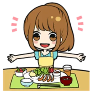 🍚 Anime, Garota, Desenho animado, Comida, Cozinhar, Chibi whatsapp sticker
