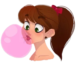 😘 жвачка, девочка, мультфильм, розовый, хвостик, надувает пузырь telegram sticker