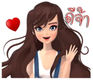 🤚 ดีจ้า kreskówka, dziewczyna, powitanie, serce, tajski, machanie telegram sticker