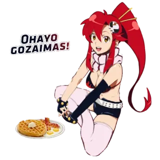 ☀ Yoko Littner Gurren Lagann OHAYO GOZAIMAS! anime, girl, morning, greeting, waffles, breakfast telegram sticker