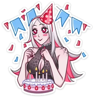 🥳 день рождения, праздник, вечеринка, аниме, торт, мультфильм, женщина, паук whatsapp sticker