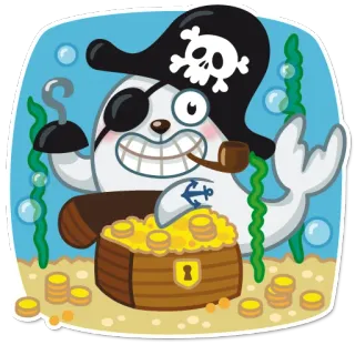 💰 anjing laut, bajak laut, kartun, harta karun, laut, samudra, binatang, imut whatsapp sticker