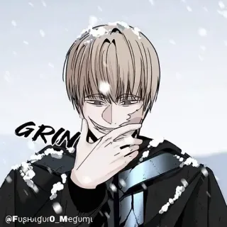 🍫 GRIN homem, neve, sorriso, anime, mangá, personagem, inverno whatsapp sticker