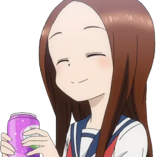 😌 Takagi Karakai Jozu no Takagi-san anime, chica, linda, sonriendo, bebida, Takagi-san, molestando telegram sticker