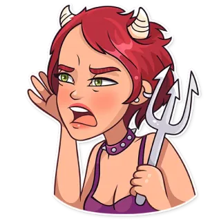 😑 ปีศาจ, ปีศาจ, ผู้หญิง, โกรธ, เขา, ส้อม, การ์ตูน telegram sticker