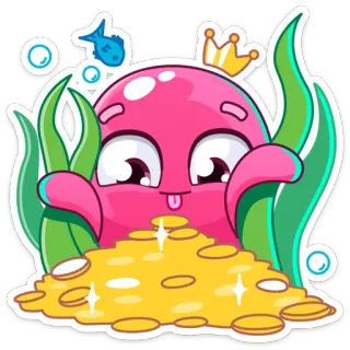 💰 octopus, treasure, coins, crown, seaweed, cute telegram sticker