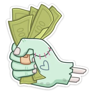 💸 zombie, mano, dinero, billetes de cien dólares, dibujos animados, Halloween telegram sticker